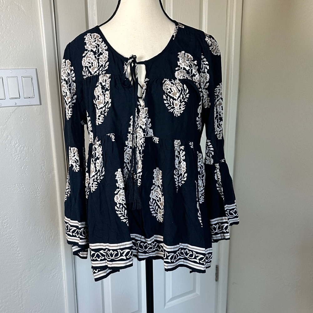 Chic Navy and White Blouse with Floral Patterns- Brigitte Bailey